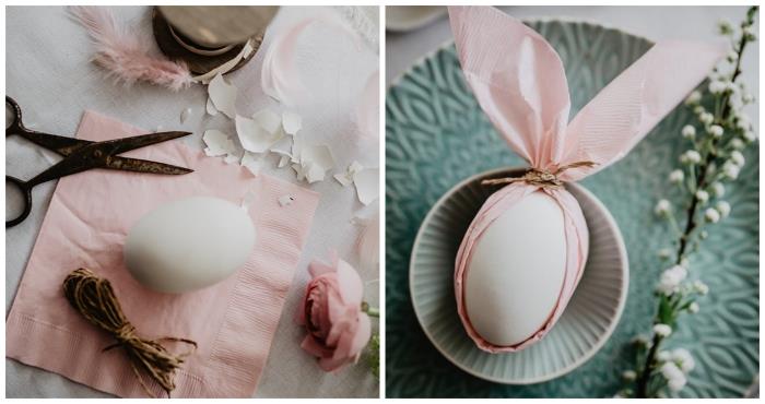 enostavno zlaganje prtičkov okoli luštnega jajca iz zajčje glave, mehka velikonočna miza v roza in pastelno zeleni barvi