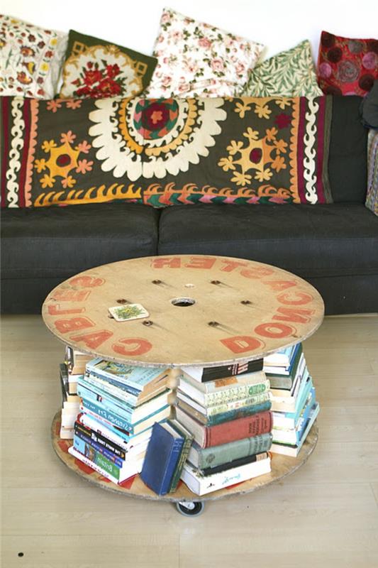 klubska mizica s kolesi, prostor za shranjevanje knjig, črni kavč in večbarvne blazine, cvetlični in orientalski vzorci