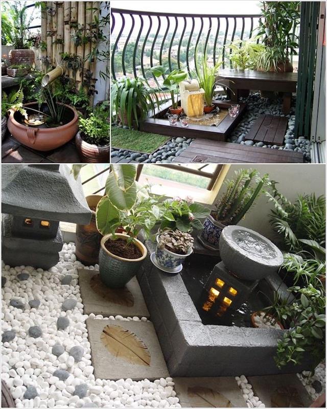 Küçük beton küvet içinde küçük bahçe göleti ile orijinal veranda dekor fikri ceramitque minyatür japon bahçe dekorasyon fikirleri