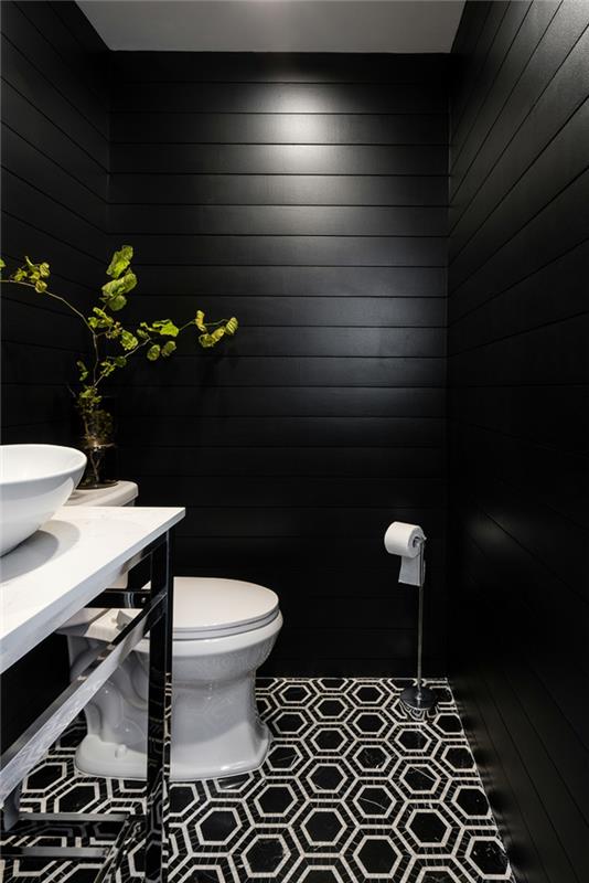 originali tualeto apdaila, geometrinio rašto grindys, dekoratyvinis augalas, baltas stalviršio praustuvas, juodos sienos