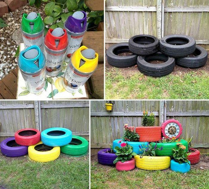 naredite sejalnik iz recikliranih pnevmatik in prebarvate z barvo, krajinsko urejanje vrta majhnega dvorišča