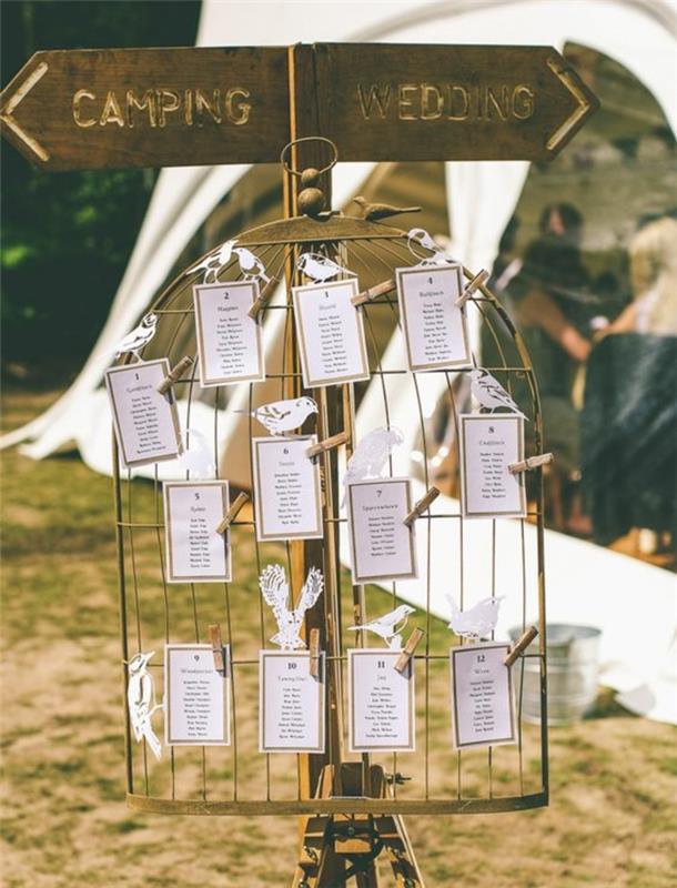 düğün dekorasyon örneği, beyaz etiketler ve kağıt kuşlar ile kuş kafesi ızgara masa planı, eski püskü şık düğün