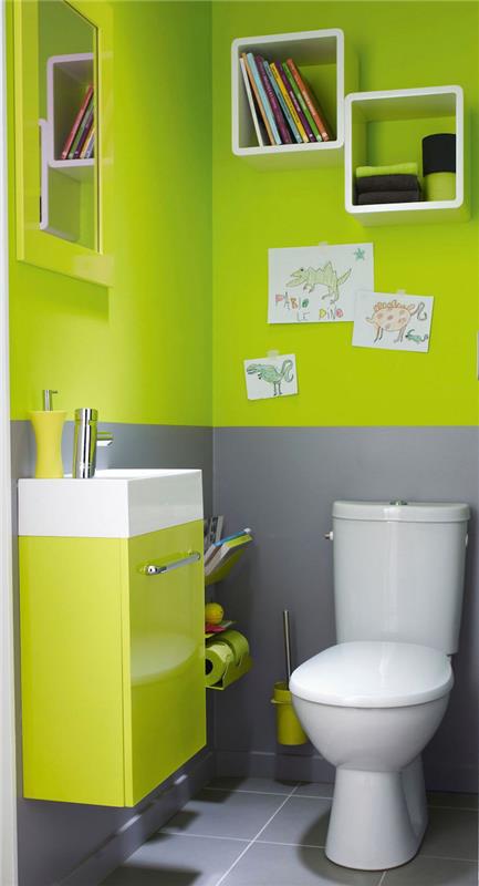 wc deco za otroke s svetlo fluorescenčno zeleno in sivo barvo