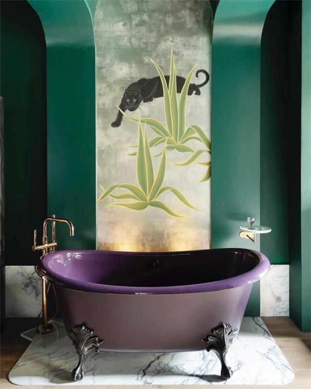 renk trendi 2020, zen ve tropikal unsurlarla çağdaş tarzda yeşil banyo dekorasyonu