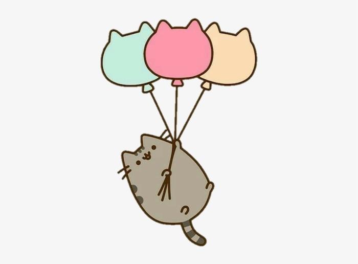Mačka z baloni v obliki mačke, barvanje rojstnodnevne torte, srčkana rojstnodnevna risba z mačko pusheens