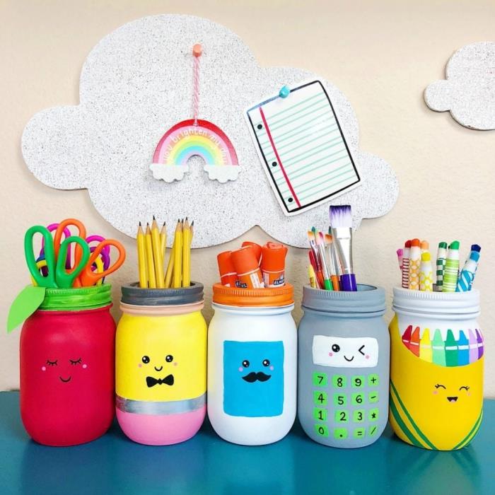 mason kavanozlarını kawaii kalem kavanozlarına dönüştürmek için yaratıcı fikir, pratik ve yaratıcı nesne saptırma fikri