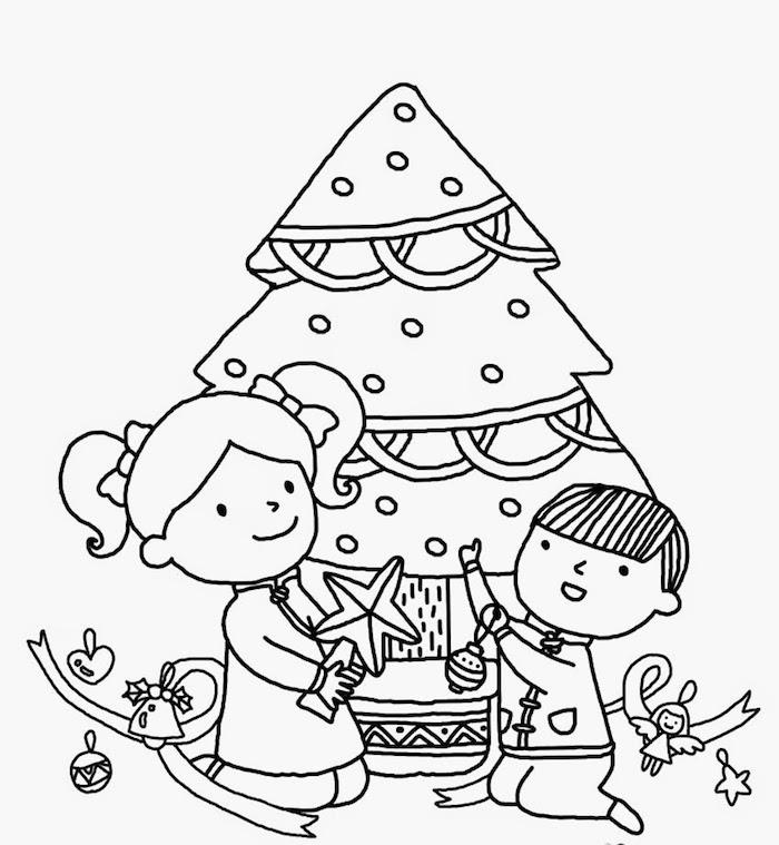 Süslü Noel ağacının etrafında oynayan çocuklar, Noel boyama, yeni başlayanlar için suluboya boyama