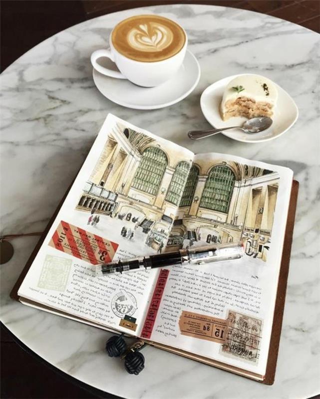 idee-disegni-a-matita-diario-scritte-cappuccino-decorato-cuore-pezzo-torta-colazione