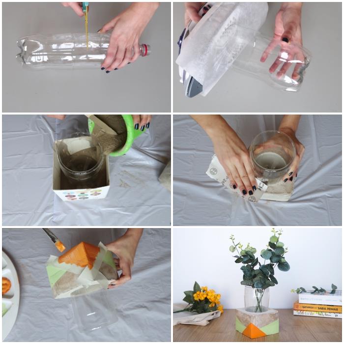 paprastas perdirbtas plastikinis butelis iš geometrinio rašto kūrybinės betoninės vazos, lengva pasidaryk pats idėja su perdirbtu daiktu