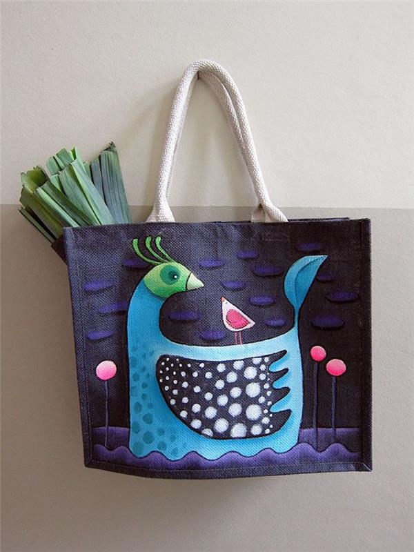 İki sevimli kuş çizimli kot çanta, plaj çantası eğitimi, dersler için kumaştan bir çanta yapın