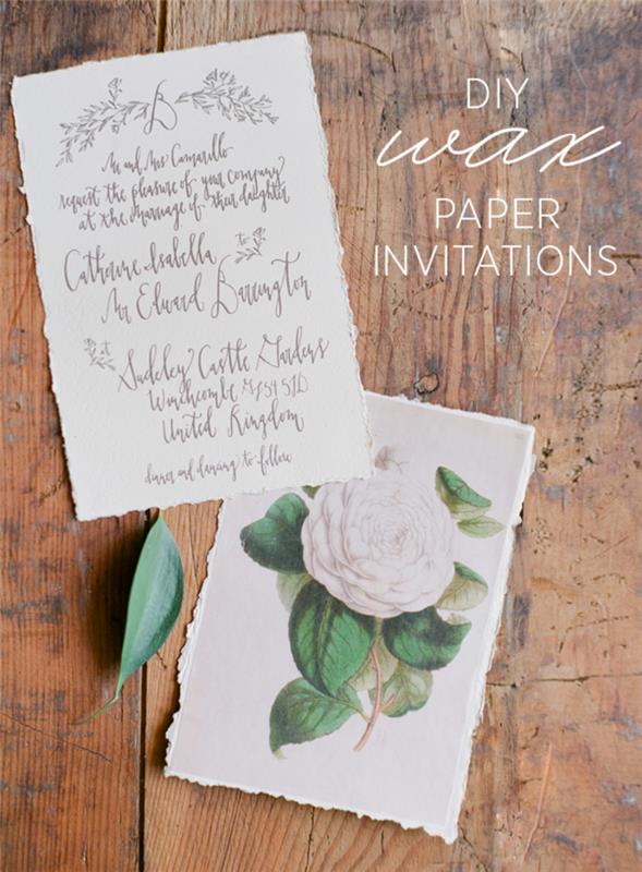 Kendinizi mumlu kağıtta ve güzel bir vintage görünüm için bir ütüyle yapmak için rustik bir düğün davetiyesi fikri