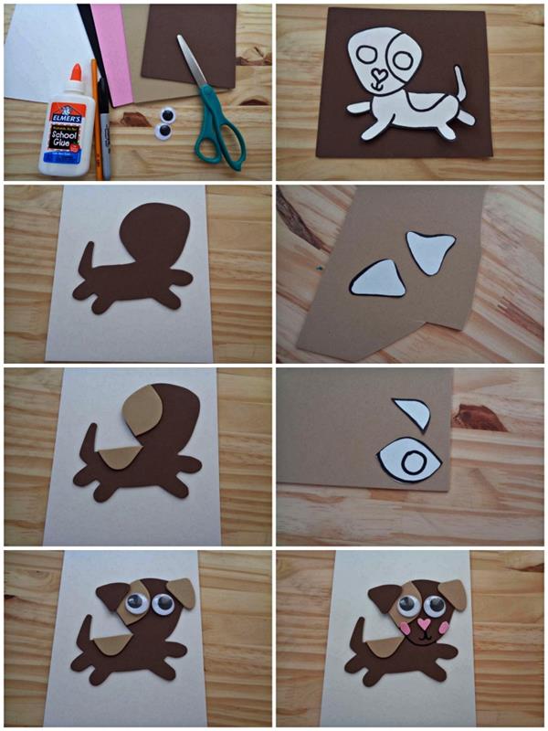 Birbirine yapıştırılmış karton parçalarından 3 boyutlu bebek köpek kartı yapmak için adım adım öğretici, anaokulu çocuklarına babalar günü hediyesi yapmak