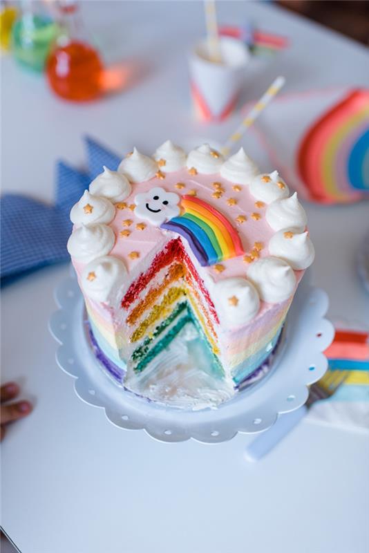 Beyaz bezeler ve şeker hamurunda güzel bir gökkuşağı ile süslenmiş, pastel renkli krema ile kaplanmış bir gökkuşağı pastası tarifi