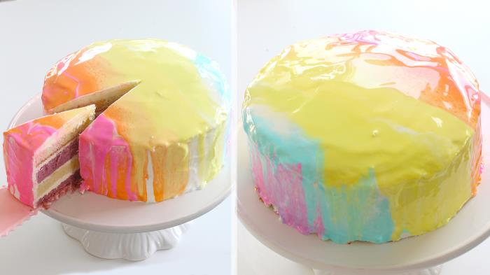 madingo veidrodinio apledėjimo kupolo pyrago receptas tropinėmis spalvomis ir akvarelės efektu