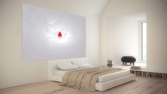 Modernus minimalistinio pagrindinio miegamojo modelis, suaugusiųjų miegamojo dizaino apdaila, žema lova su balta spyruokle