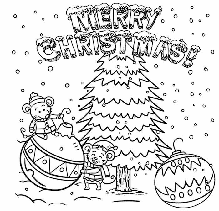 Mutlu Noeller tebrik kartı, Noel topunda fare, Noel çizim fikri, Noel ağacı boyama çizimi