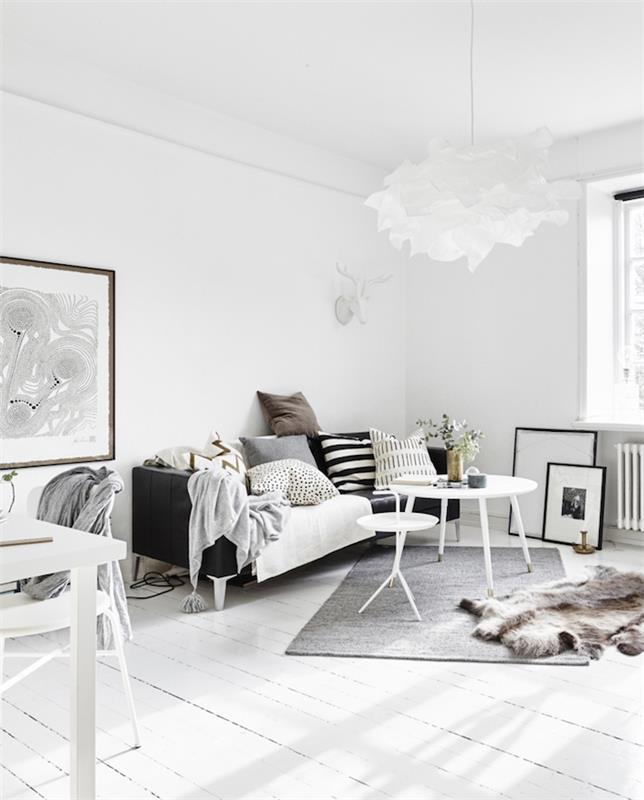 Skandinaviško stiliaus gyvenamojo kambario apdaila baltos pilkos juodos sienos Šiaurės stilius