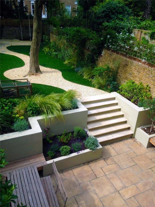Zen kraštovaizdžio sodo idėja balti akmenukai žali augalai terasos suoliukas ir tamsaus medžio stalas