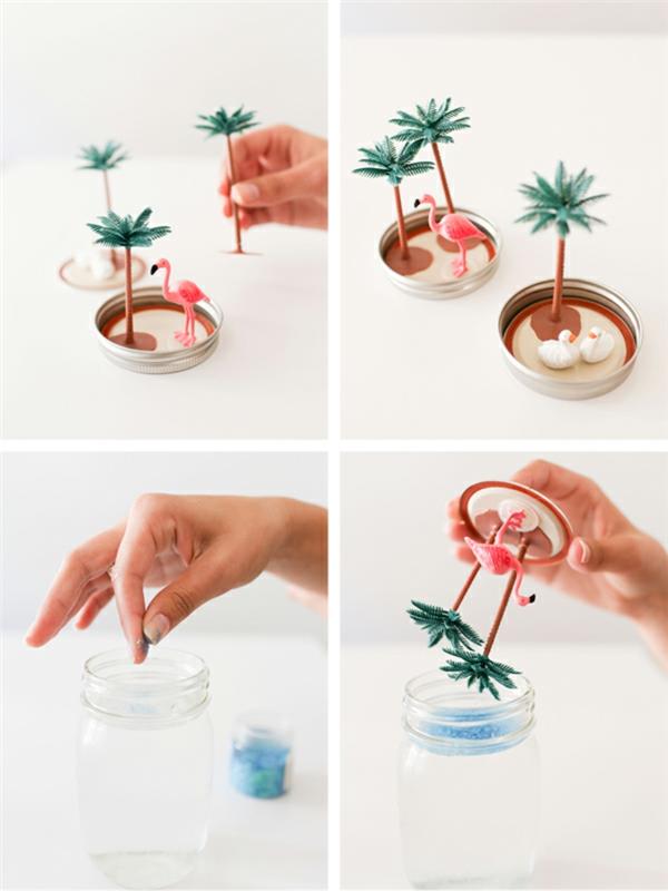 Öğretici idee artigianali con del barattolo di vetro e un globo di neve estivo con fenicottero e palme