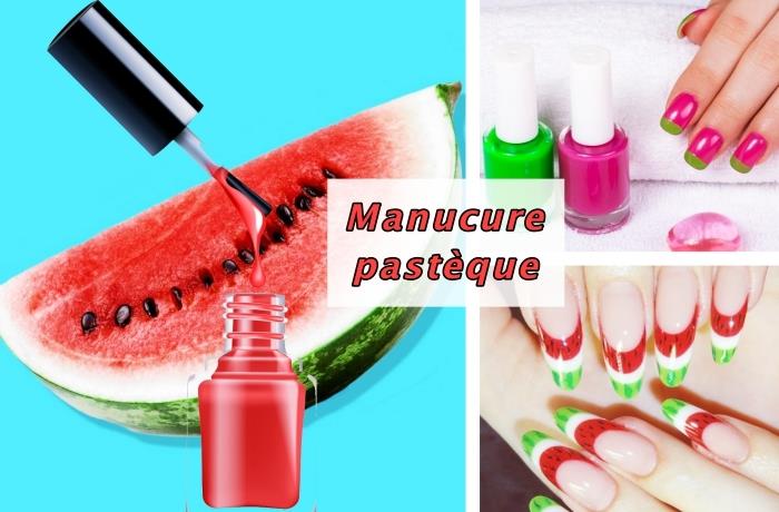 primer dekoracije za dolge nohte s tehniko francoske manikure v barvah, umetnost nohtov v obliki lubenice