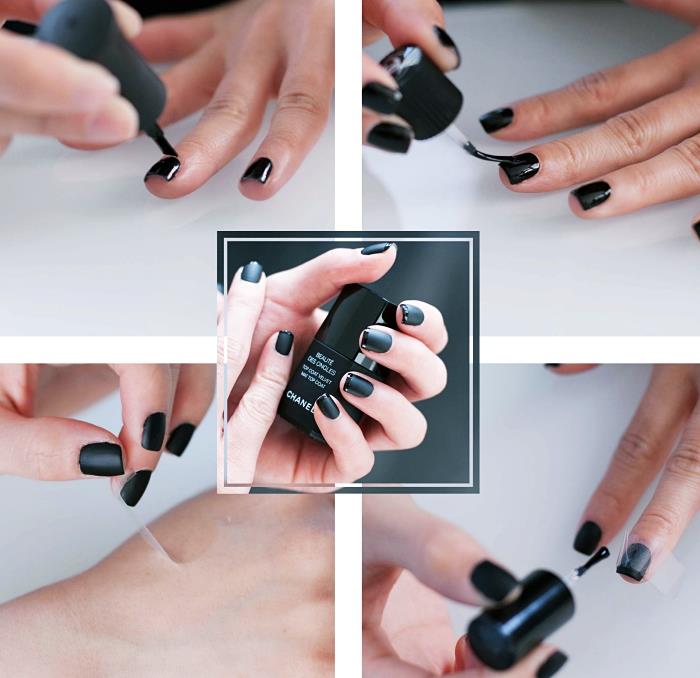 model nail art v črni barvi, kako narediti francosko manikuro v sijoči črni in mat črni barvi doma, lahka elegantna ideja za manikuro
