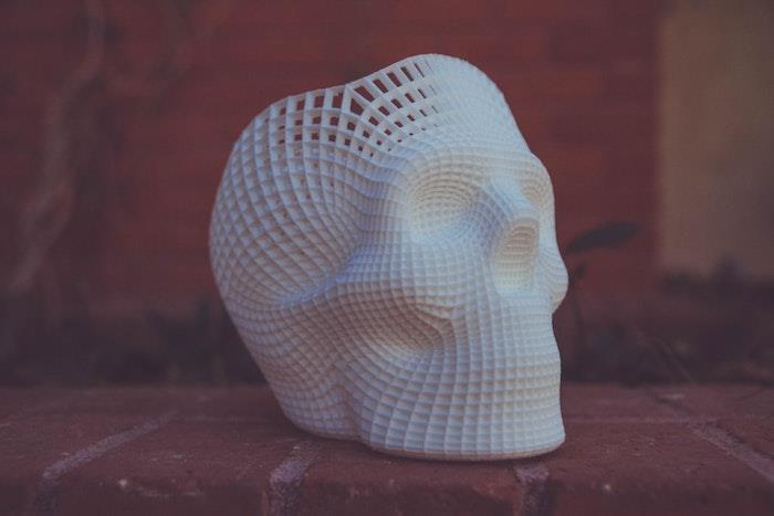 Umetnost s 3D tiskalnikom, lobanja iz belih filamentov, zahteva po liniji 3d predmetov