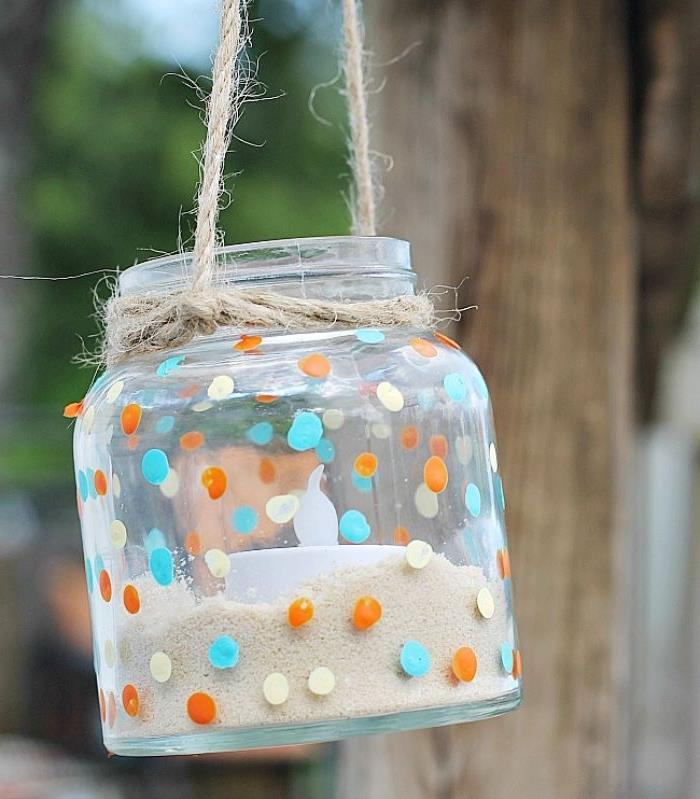 Recikliranje Deco receptov Deco ideje s steklenimi kozarci, luč v steklenem kozarcu s peskom in svečami