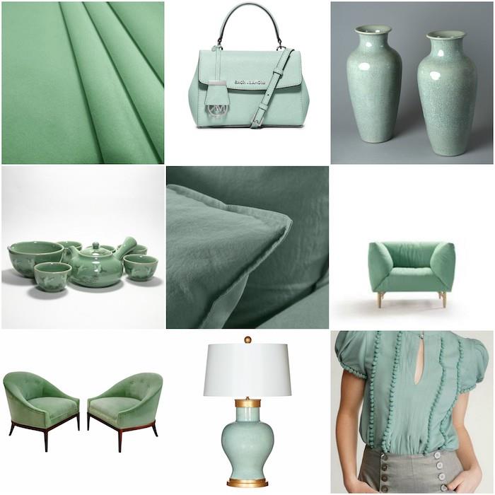 kako prevzeti celadon zeleno, trendovsko barvo v modi in notranjem oblikovanju, keramiko, tkanine, pohištvo, ženski modni dodatek barva verdigris
