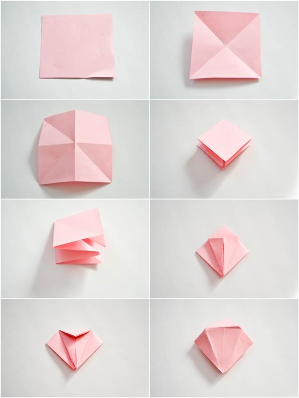 „Origami“ rožių lengva pamoka su visais lankstymais, paaiškintais paveikslėliuose, sužinokite, kaip pasidaryti mini popierines rožes, kad sukurtumėte gražią gėlių girliandą