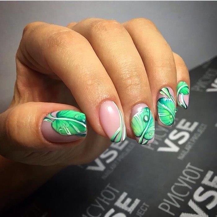 Gel nail deco, ideja za manikuro z lakom za nohte, model nohtov art nail art, ženska lepota, listi zelene lokvanja