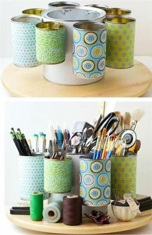 idee-orijinal-fai-da-te-barattoli-latta-decorati-carta-colorata-base-rotonda-legno-portamatite-penne-forbici