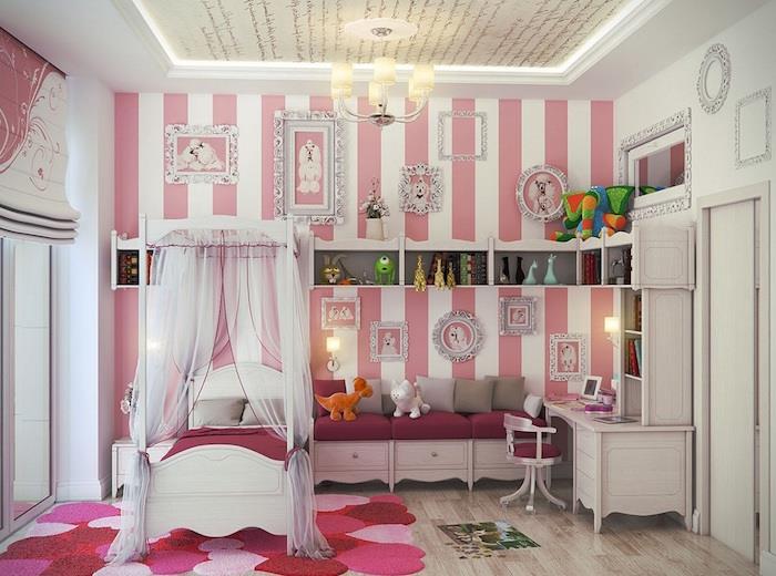pembe beyaz çizgili duvar ve kalpler halı ile barok prenses tarzı kız yatak odası boyama dekor