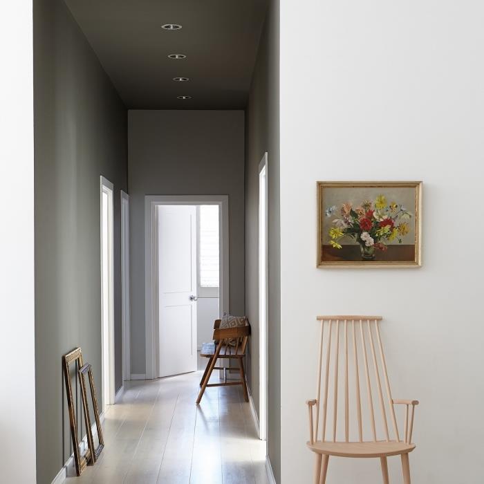 ideja o slikanju hodnika in vhoda, ki igra na odtenkih sive v obeh delih hodnika