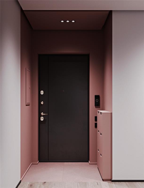 ideja za slikanje hodnika in vhoda, majhen vhod pobarvan v prašno rožnati barvi v nasprotju z ogljenimi sivimi vhodnimi vrati