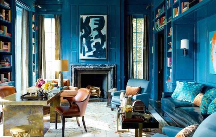 povas mėlynas svetainės dekoras, pavyzdys, skirtas piešti mėlynai mėlynas sienas, anties mėlynas namo interjeras