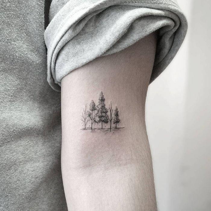 küçük manşet dövme sağduyulu manzara adam kolunda noktalı ağaçlar