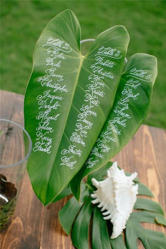 originalus stalo planas žaliais lapais, ant kurio užrašyti svečių vardai, egzotiškos vestuvių dekoro idėjos