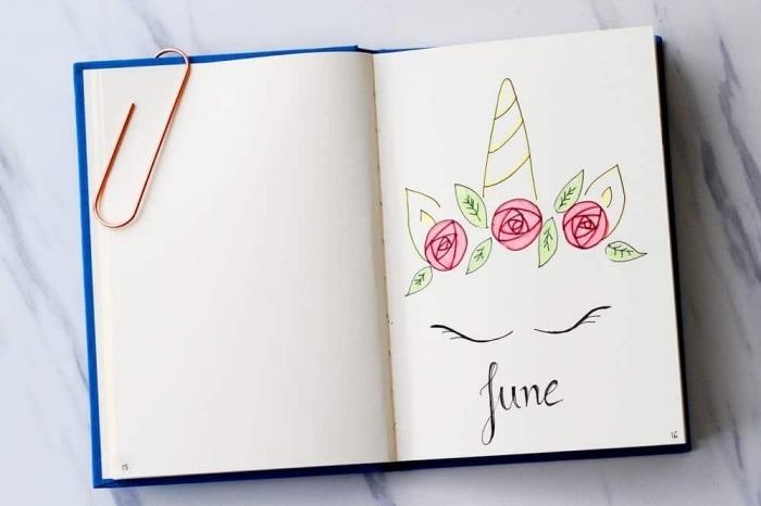 enostavno risanje samoroga z zaprtimi očmi z venci iz vrtnic, ki krasi stran dnevnika, ideja za personalizacijo vašega umetniškega dnevnika ali dnevnika