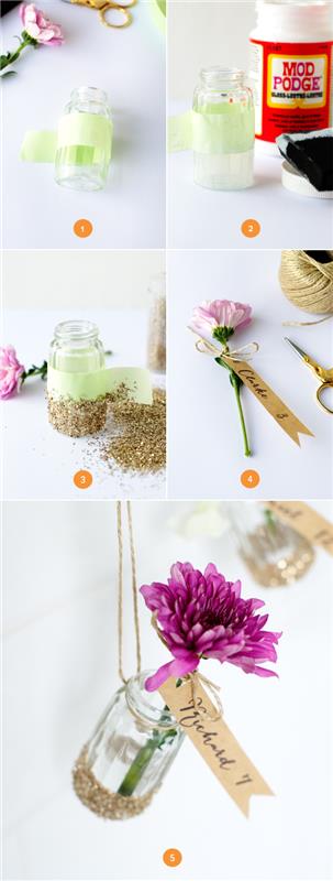 vestuvių stalo planas pagaminti iš perdirbto druskos purtyklės, paverstos maža vaza su gėle ir svečių etikete iš kraftpopieriaus