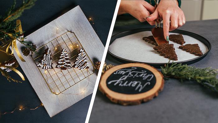 ev yapımı kurabiyeler, zencefilli kurabiye tarifi Kraliyet kreması ve altın incilerle süslenmiş mini Noel ağaçları