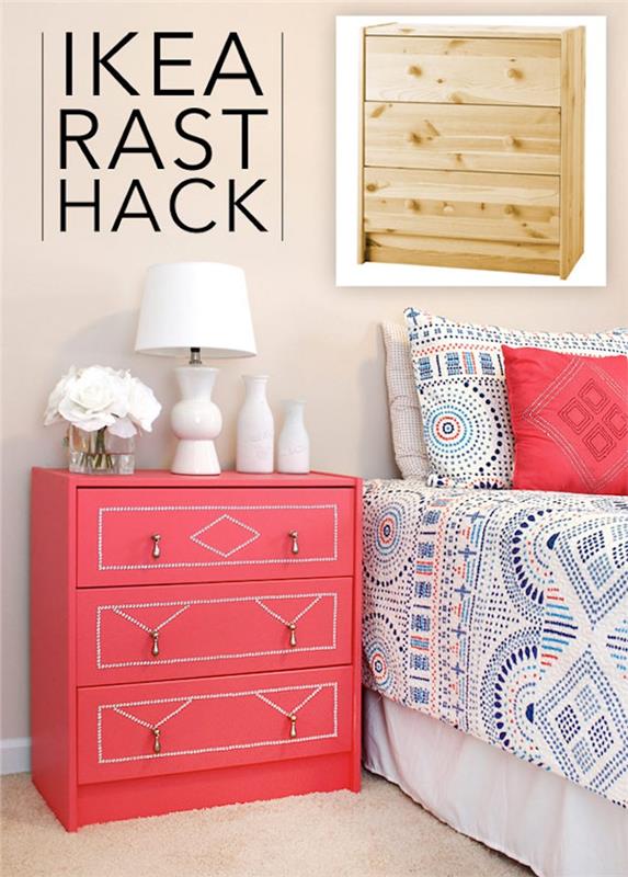 barva za pohištvo, ikein predalnik iz svetlega lesa, prebarvan z roza barvo, belo in modro posteljno perilo, bež preproga, beli dekorativni dodatki