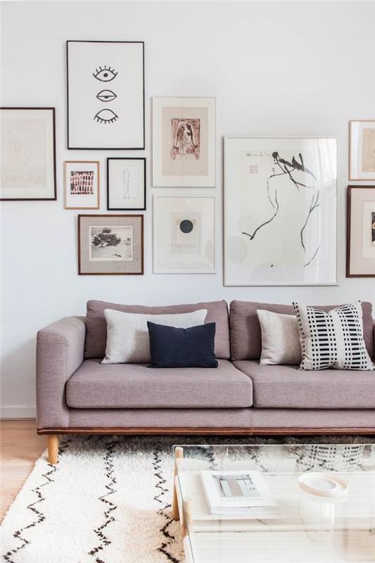 İskandinav tarzı oturma odası dekorasyonu, minimalist İsveç dekoru, modern pembe gri kanepe