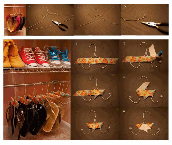 personalizuota batų pakaba, pagaminta iš drabužių kabyklos, pigi batų laikymo idėja optimizuoti erdvę spintoje
