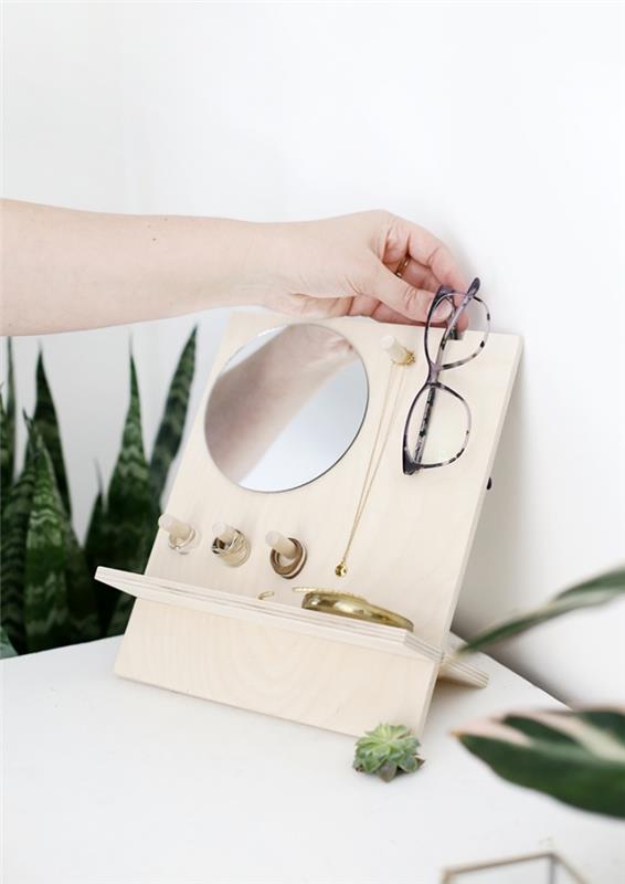 Organizator ogledala DIY za enostavno shranjevanje nakita, modelni nosilec za nakit v leseni deski z majhnim okroglim ogledalom