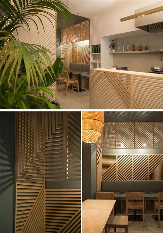 kaip papuošti kambarį medine pertvara siena, virtuvės išdėstymas baltomis sienomis su betono purslais ir medinė sienų dalis