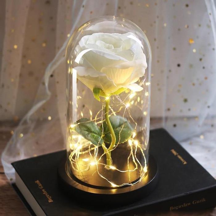bela večna vrtnica pod zvoncem z LED svetlobnim vencem, izvirna ideja za darilo ob materinskem dnevu