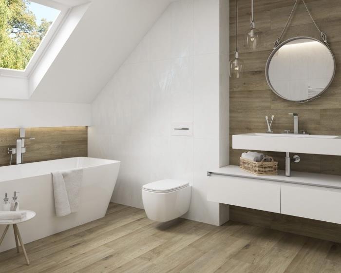 küçük banyo 4m2, suni ahşap karo kaplamalı eğimli deco banyo