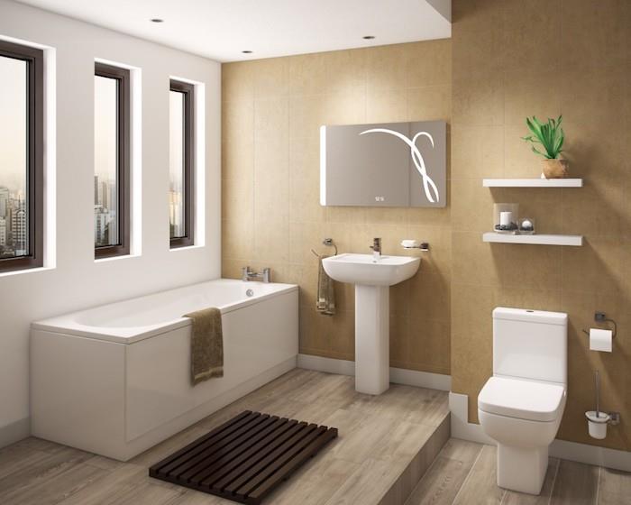 modern banyo, beyaz küvet, imitasyon ahşap döşeme, yeşil bitki, seramik lavabo