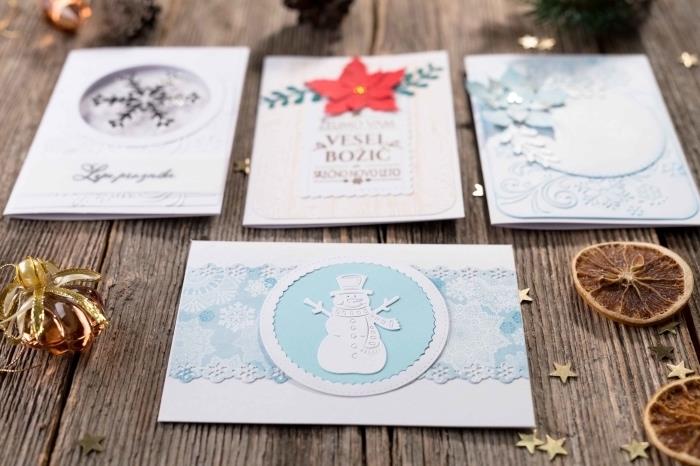 Kendiniz yapmak için kolay Noel kartı şablonları, beyaz kağıt kardan adam heykelcik ile süslenmiş scrapbooking kağıdı