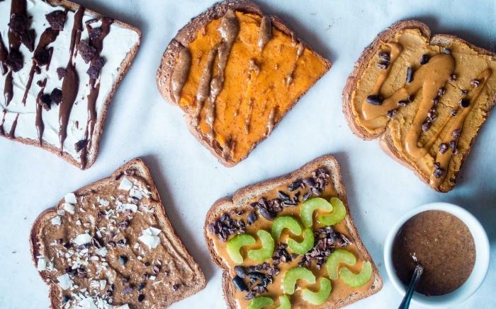 sağlıklı bir kahvaltı veya sağlıklı bir atıştırmalık için fikir, gurme vegan sandviçin beş çeşidi